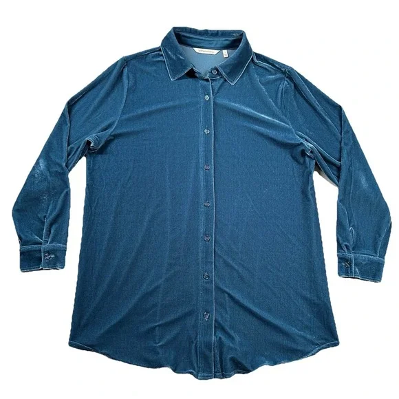 Soft Surroundings Shirt Women L Velvet Button Up Velour Teal Blue Green Collared - Picture 1 of 7